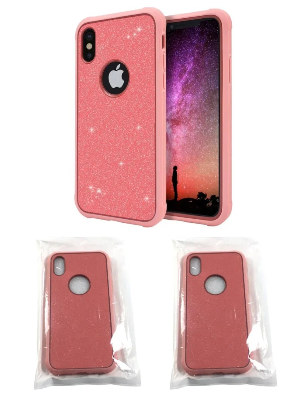 2 NEW iPhone Xs 1Os X 10 Case Cover Pink Glitter Sparkle Protective Shockproof